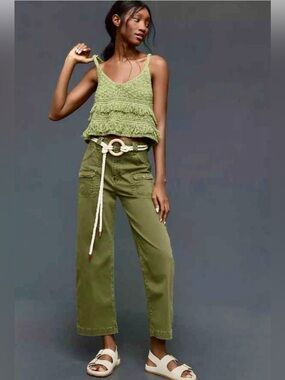 Frame x Anthropologie Utility Cargo Pocket Denim Wide-Leg Pants Moss Green 28